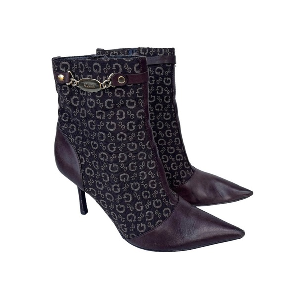Guess Vintage Heeled Boots  Women's Size 7‎ US Brown Leather Canvas Pointy Toe - Picture 1 of 10